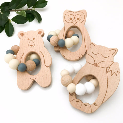 ONE.CHEW.THREE Silicone & Beechwood Animal Teether (Assorted Styles)