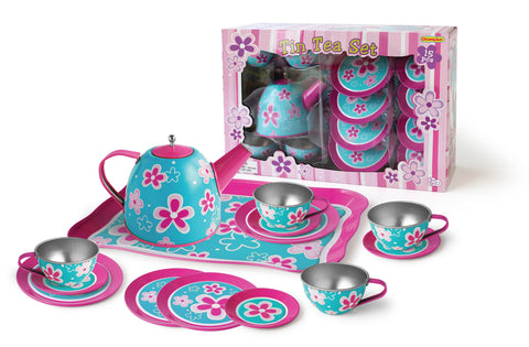 Pink Flower Tin Tea Set 15pc