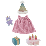 Set of doll accessories including a pink dress, party hat and a plush unicorn, present & cake