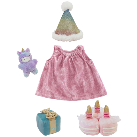Set of doll accessories including a pink dress, party hat and a plush unicorn, present & cake