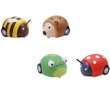Four colorful pull-back toys shaped like a bee, hedgehog, frog, and ladybug on a white background.