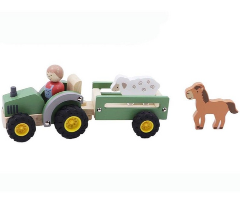 Kaper Kidz Green Wooden Tractor with Horse & Sheep