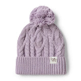 Purple knit beanie with pom-pom on a white background
